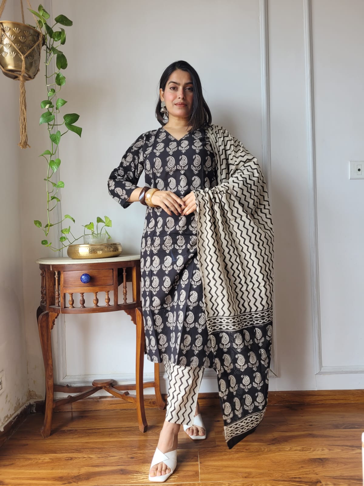 Charcoal Black Hand Block Printed Cotton Suit for Women