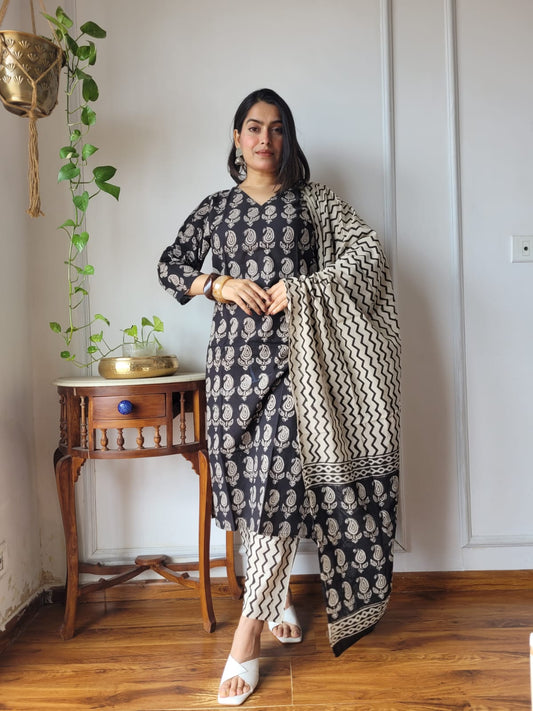 Charcoal Black Hand Block Printed Cotton Suit for Women