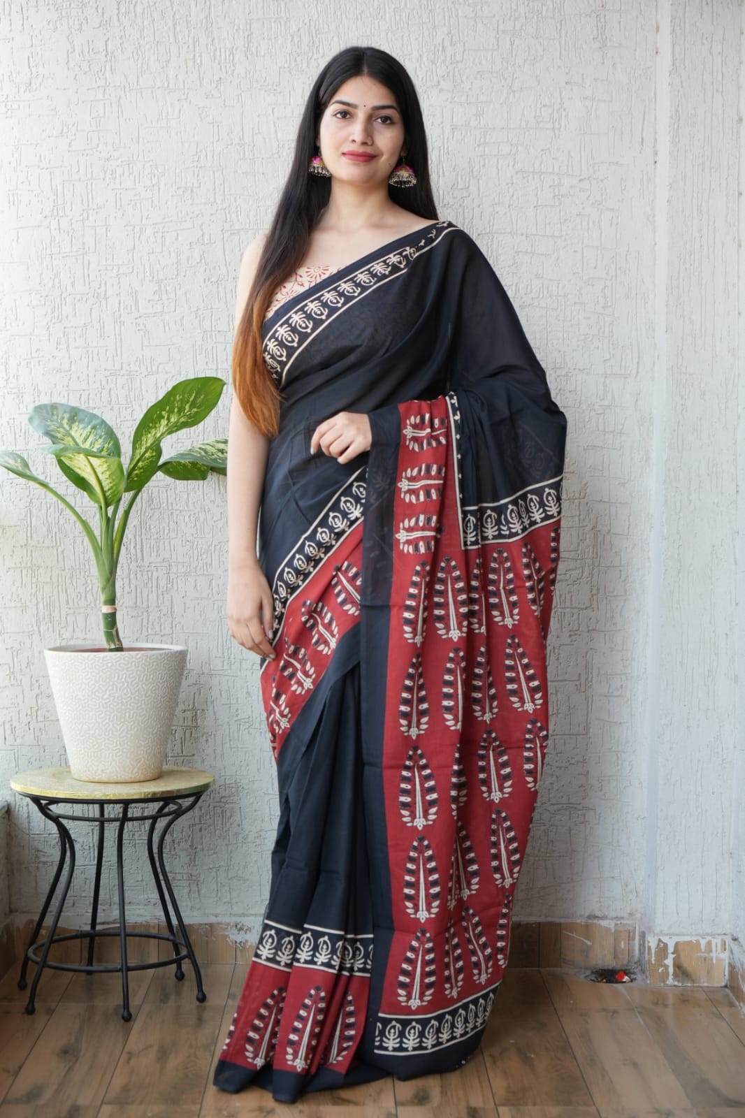 Black Red Printed Cotton Saree – Soft Cotton Saree for Women (BFCS16)