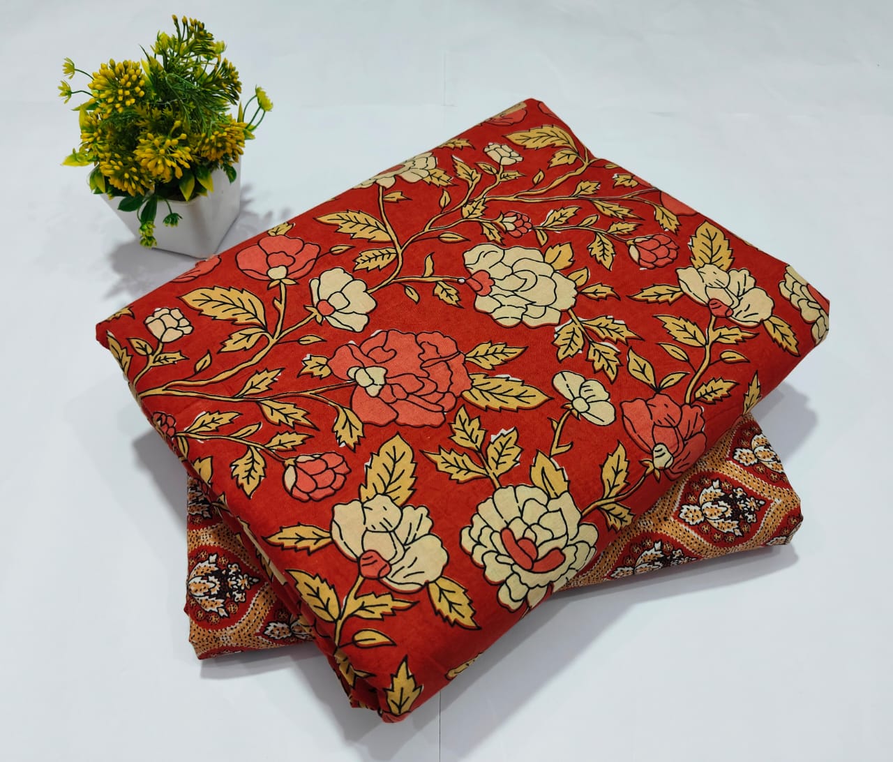 Rust Red Floral Printed Cotton Fabric – Elegant Kurti Dress Material (BFTB81)