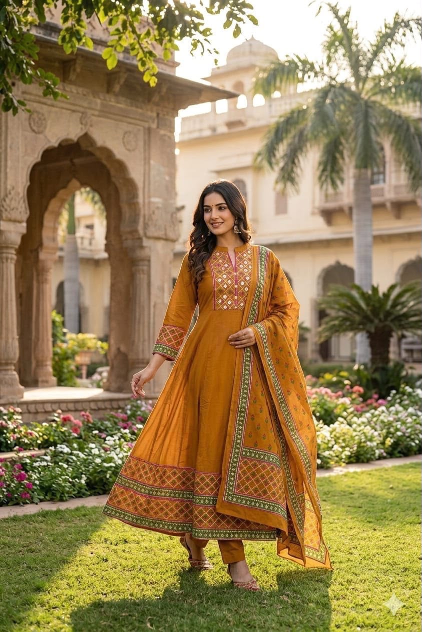 Mustard Yellow Cotton 12 Kali Anarkali Suit Set