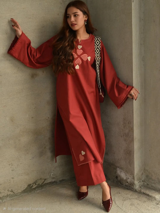 Rust Red Cotton Kurti Pant Set with Heart Embroidery for Women