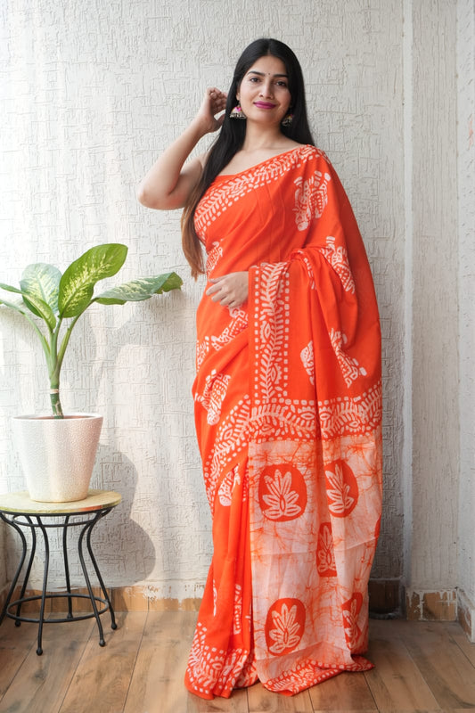 Orange Batik Print Cotton Saree (BFCS04)