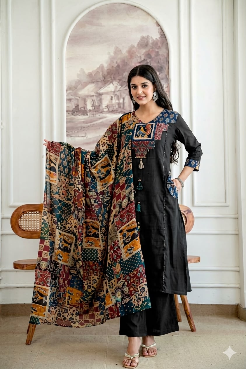 Black Pure Cotton Suit Set with Kalamkari Print Dupatta