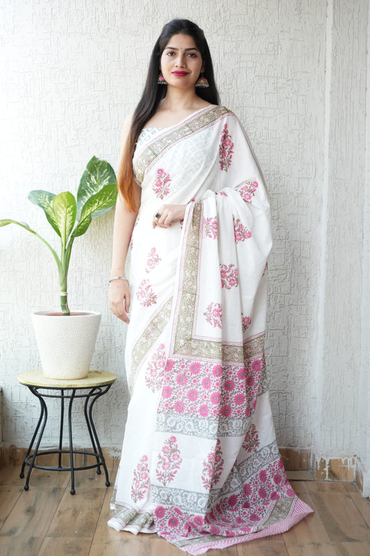 White Pink Floral Printed Cotton Saree – Soft Cotton Saree for Women (BFCS29)