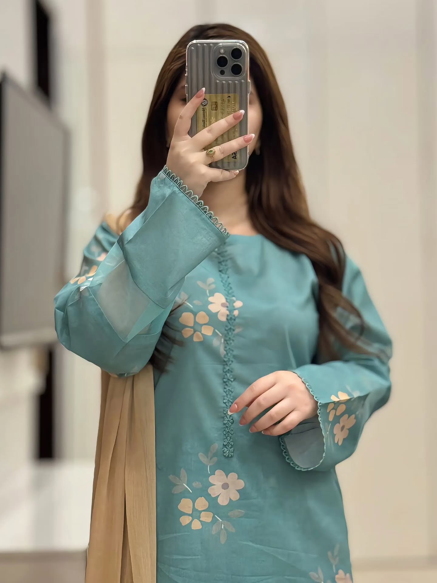 Sea Green Cotton Farshi Salwar Suit Set | Floral Print Kurta with Nazmin Dupatta