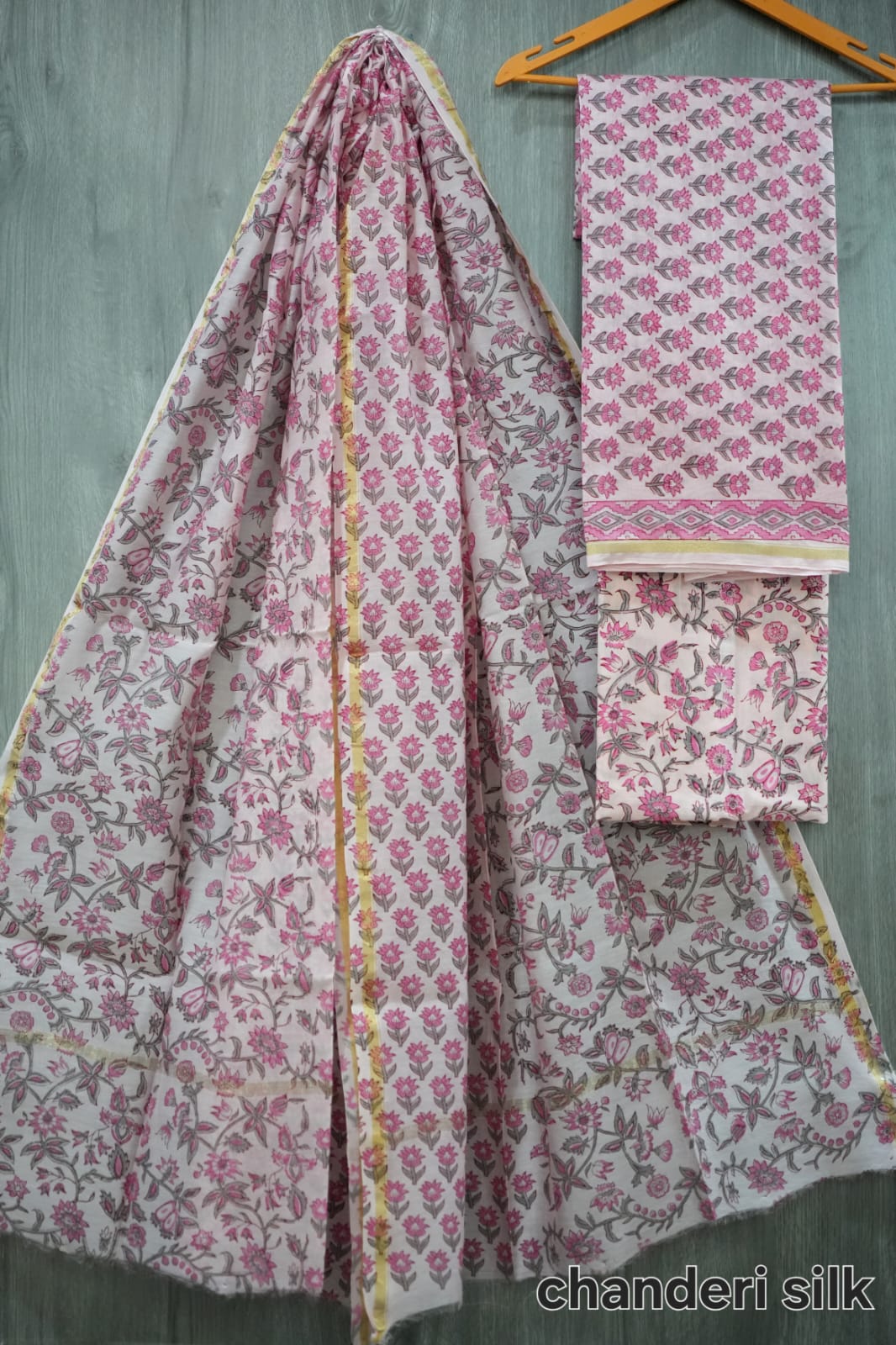 Baby Pink & Grey Small Floral Butti Hand Block Print Chanderi Silk Dress Material (BFCHS24)