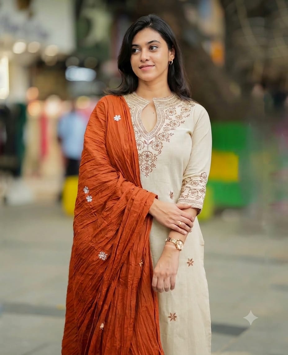 Off-White Embroidered Cotton Kurta Set for Women