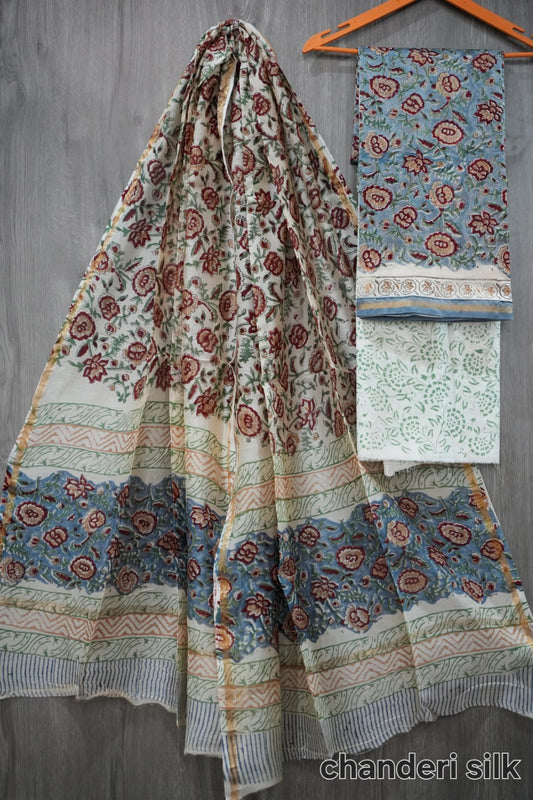 Steel Blue & Maroon Large Floral Jaal Hand Block Print Chanderi Silk Dress Material | (BFCHS22)