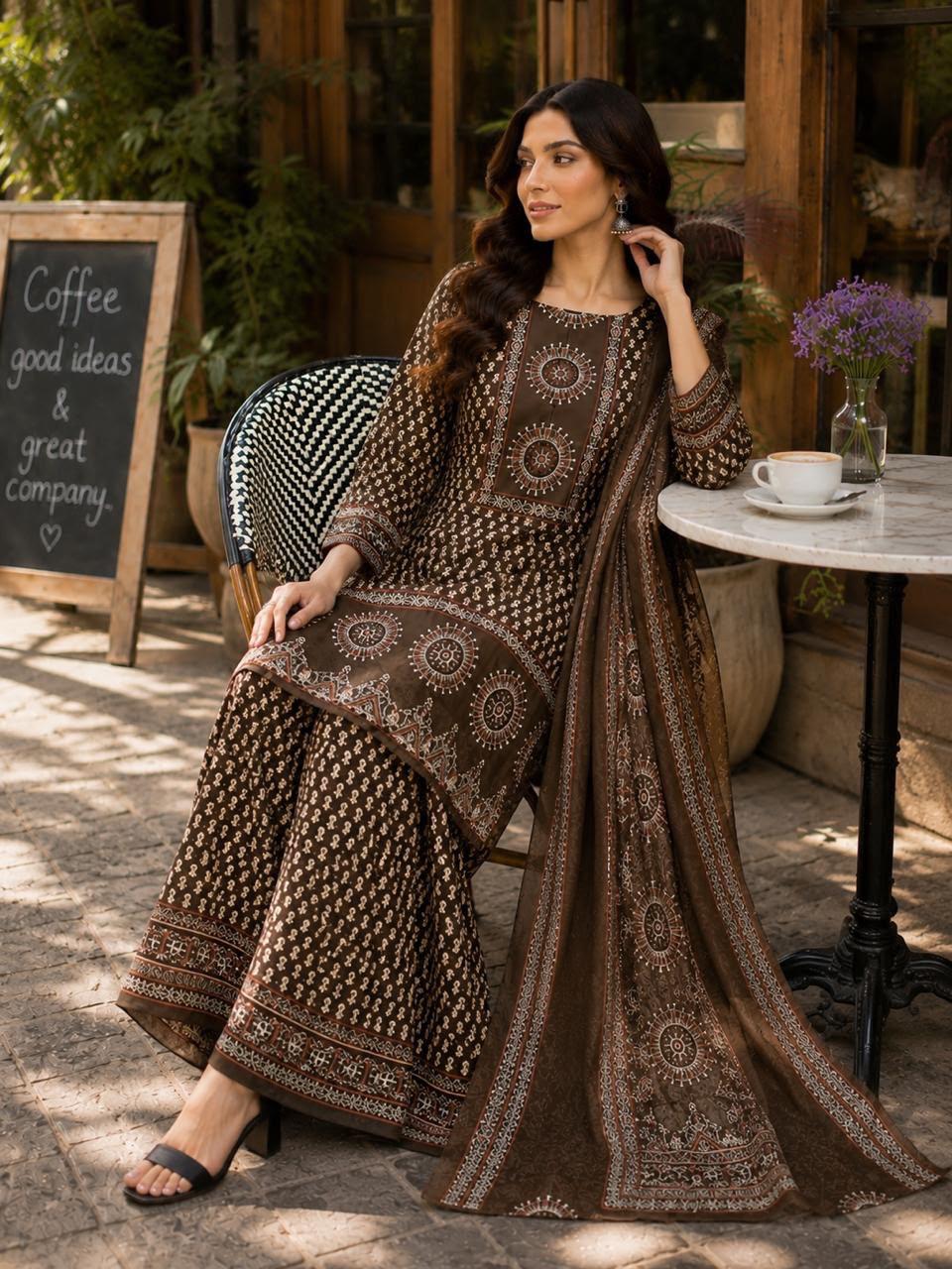 Brown Cotton Printed Gopi Sharara Set | Ethnic Ajrakh Print Kurti with Dupatta