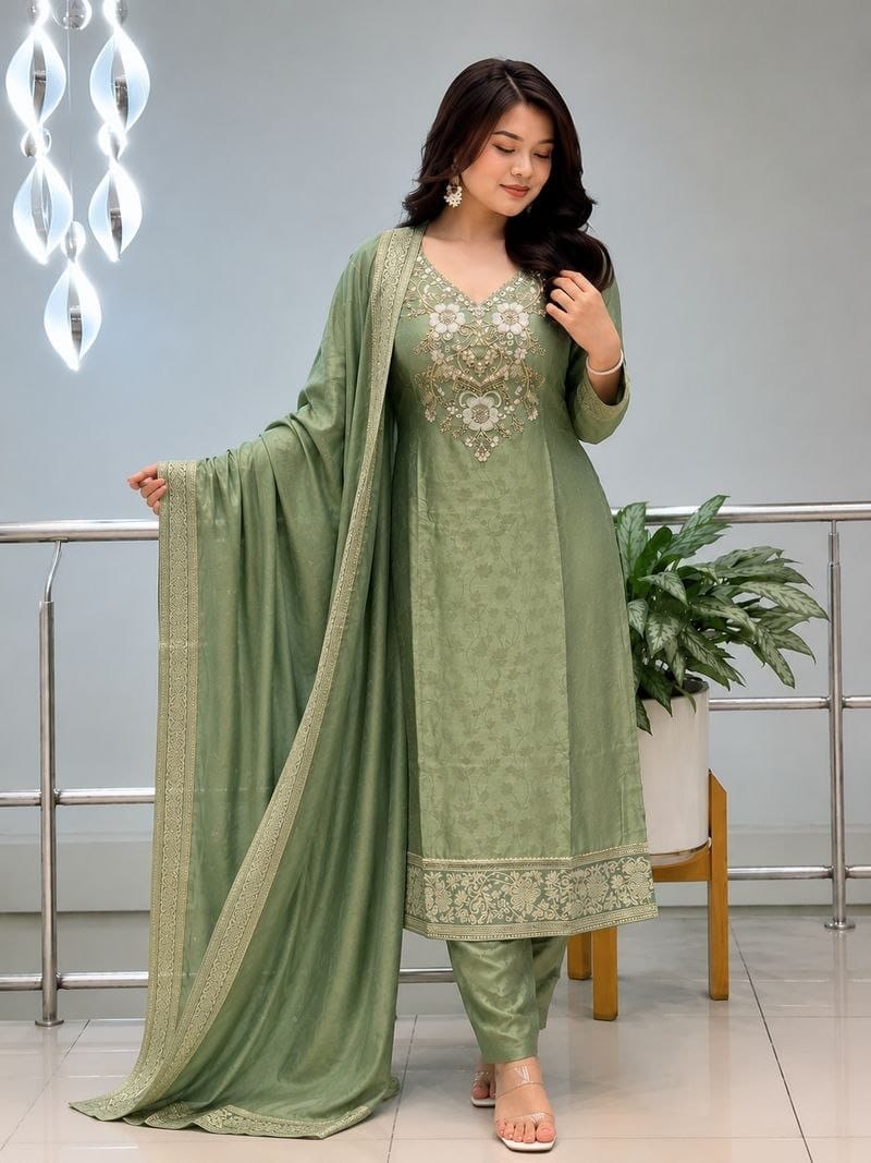 Sage Green Malai Glass Tissue Suit Set for Women