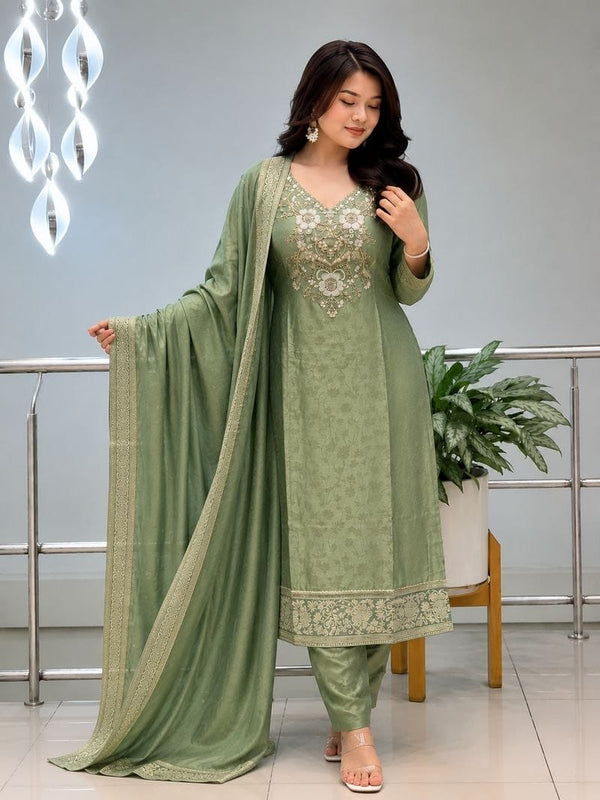 Sage Green Malai Glass Tissue Suit Set for Women