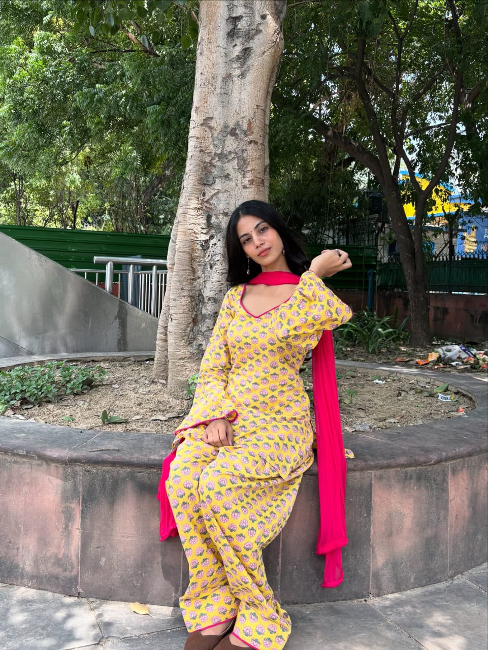 Yellow Cotton Block Print Farshi Salwar Set
