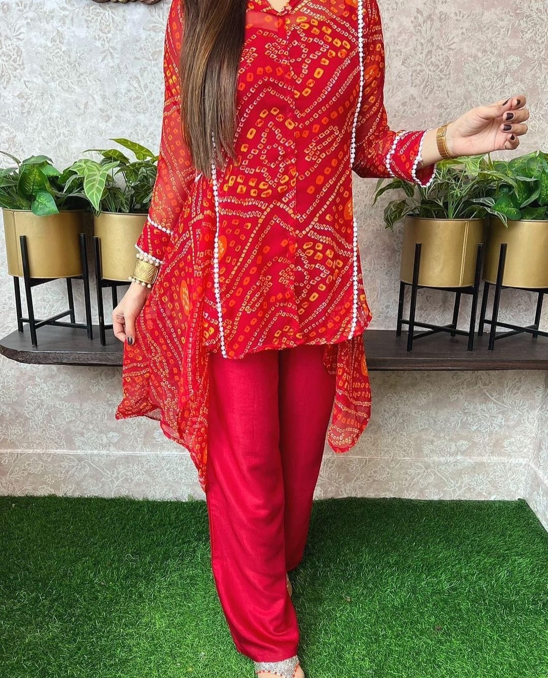 Red Bandhani Print Asymmetric Kurti with Palazzo Set
