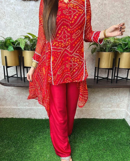 Red Bandhani Print Asymmetric Kurti with Palazzo Set