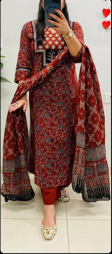 Maroon Ajrakh Cotton Suit Set | A-Line Princess Cut Kurta with Pant & Dupatta