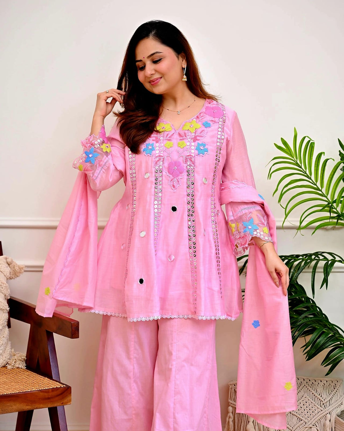 Baby Pink Embroidered Cotton Kurti Palazzo Set with Dupatta