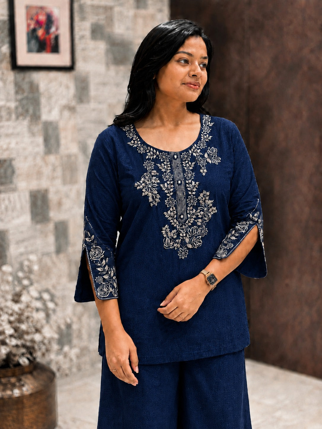 Navy Blue Cotton Embroidered Co-ord Set with Plazo