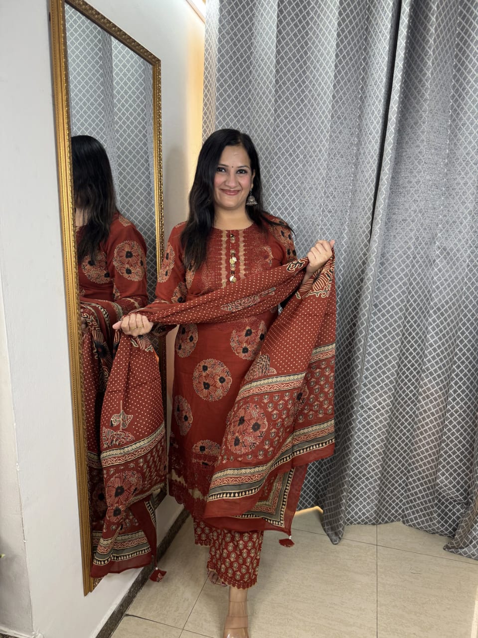 Rust Red Floral Digital Print Cotton Suit Set for Women