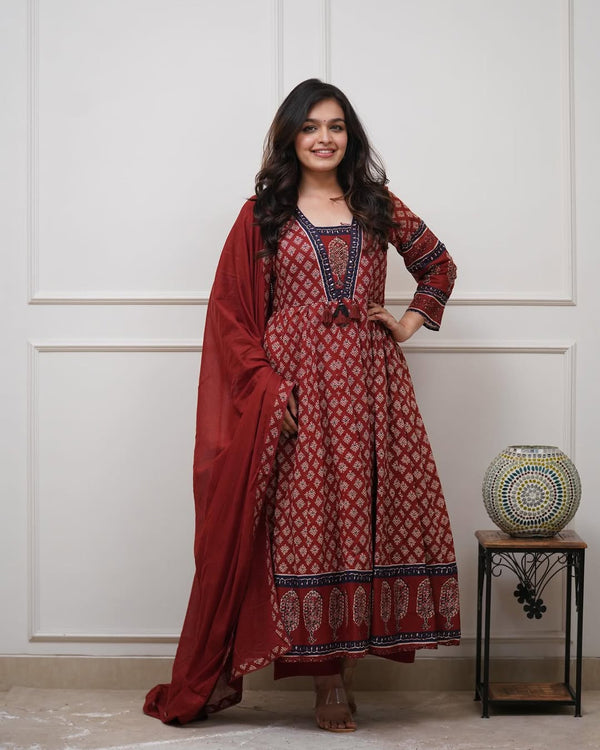 Maroon Cotton Anarkali Kurta Set | Block Print Flared Suit with Dupatta