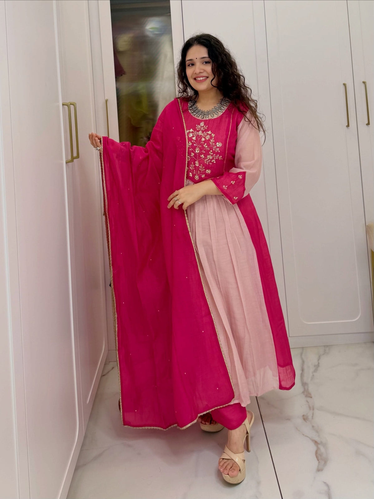 Magenta Pink Shaded Anarkali Kurta Set for Women