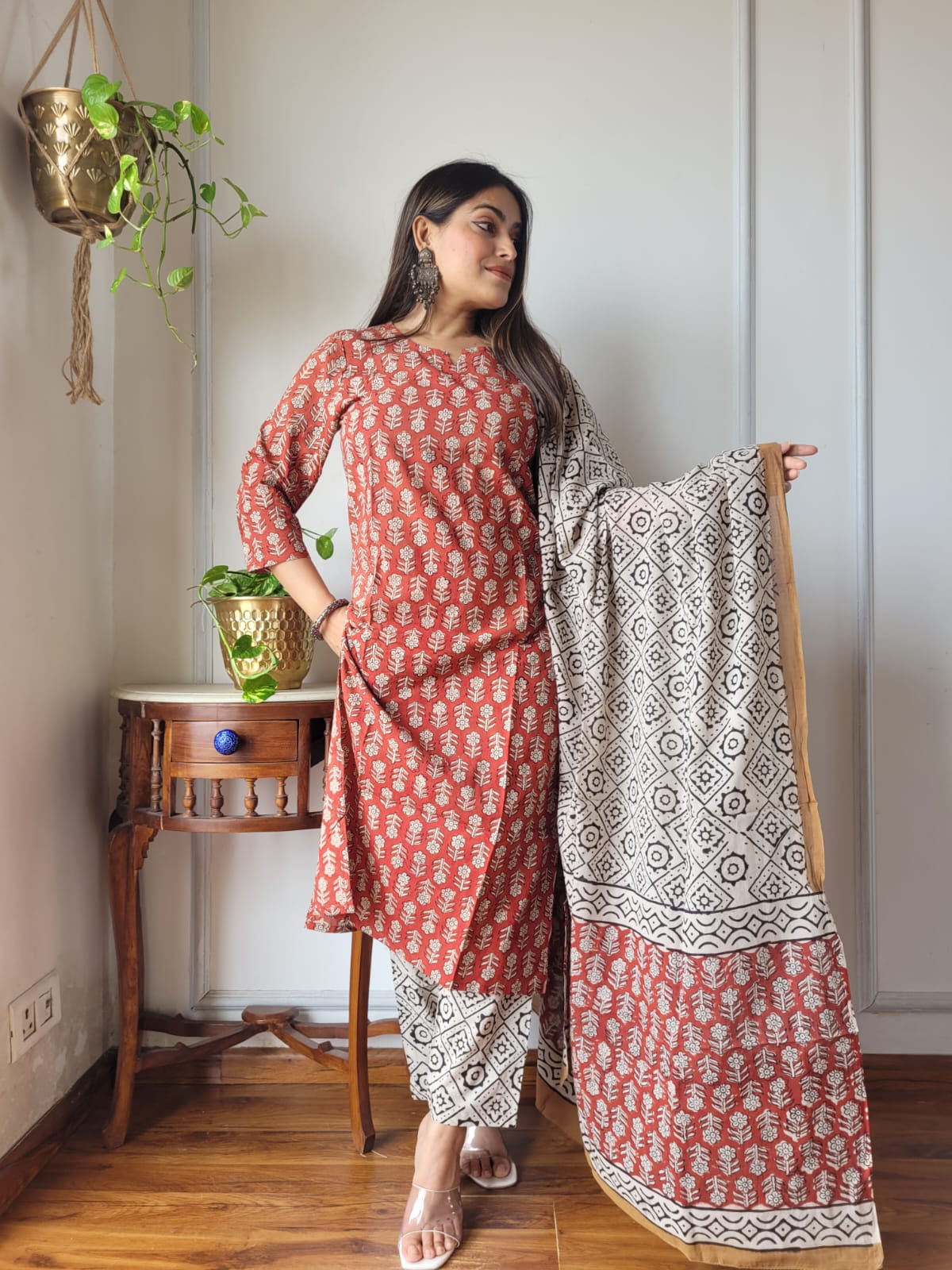 Rust Printed Cotton Suit with Cotton Dupatta for Women