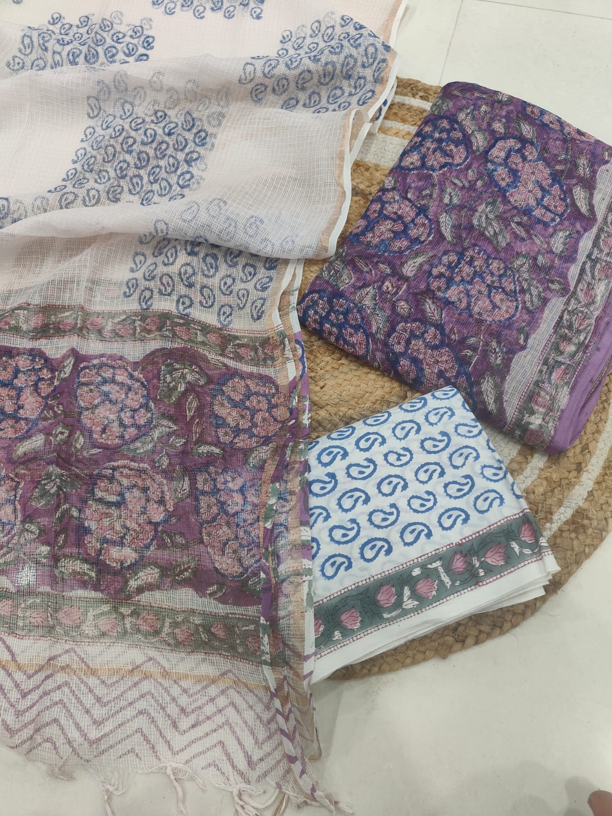 White & Purple Floral Printed kota doriya Suit Set (BFFKO49)