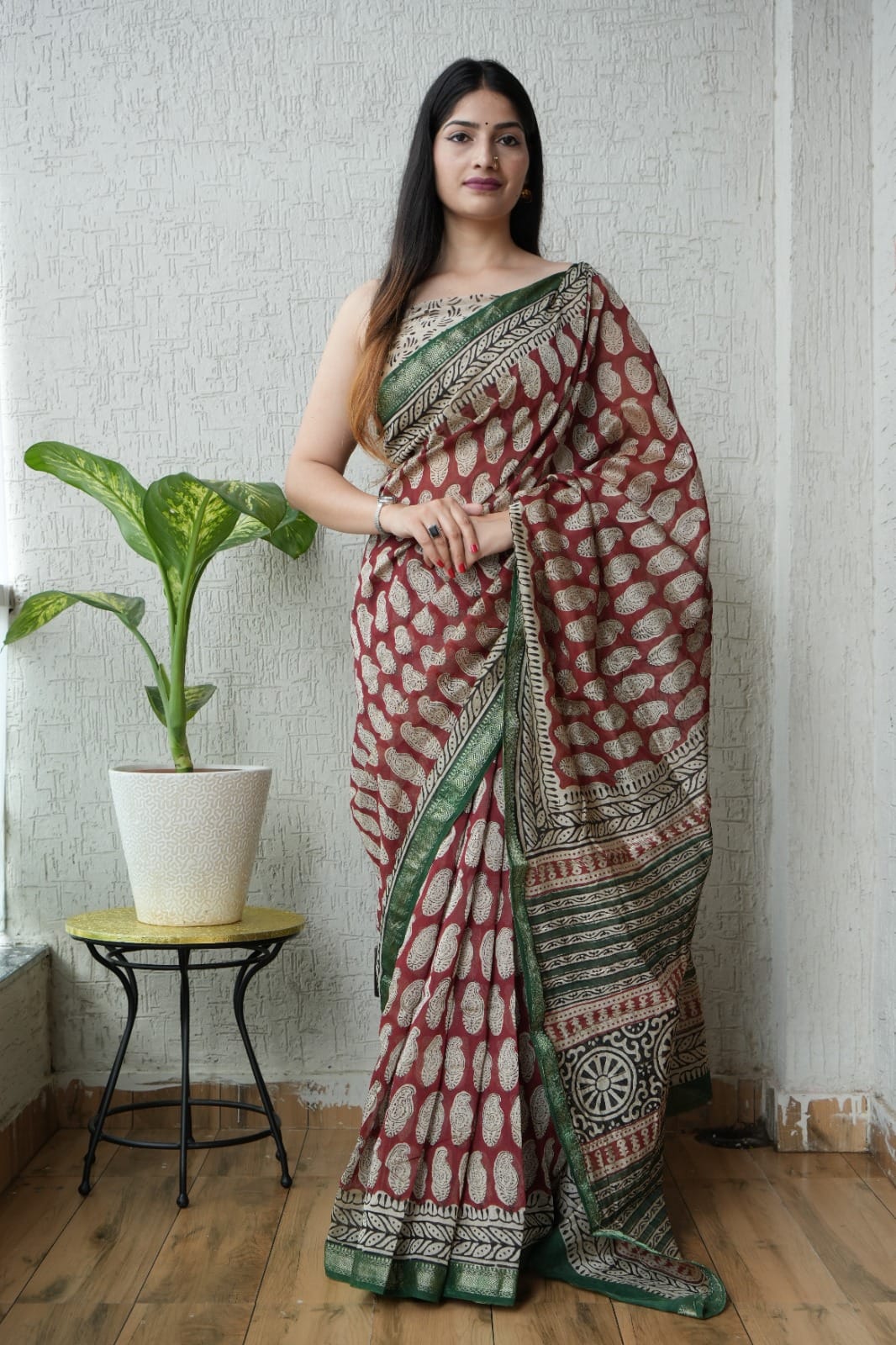 New Designer Hand Block Print Maheshwari Silk Saree (BFMSARE61)