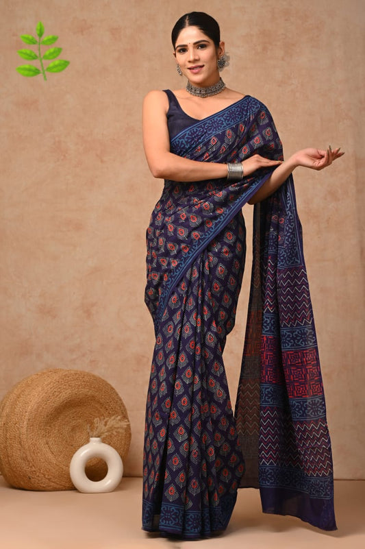 Dark Blue Hand Block Printed Cotton Saree with Blouse (BFCS61)
