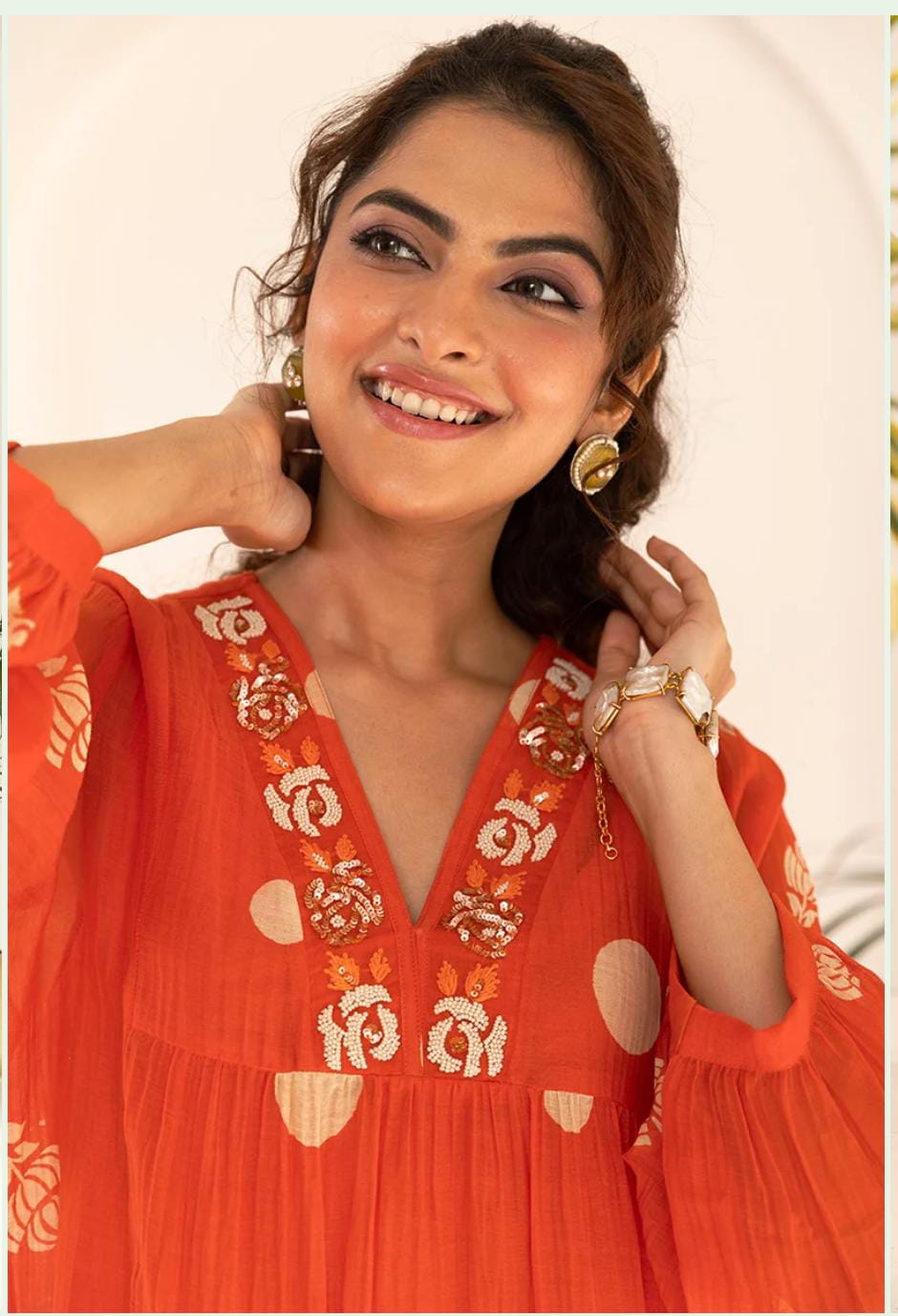 Orange Mul Cotton Polka Dot Kurta Set | Festive 3Pc Suit with Bead Embroidery