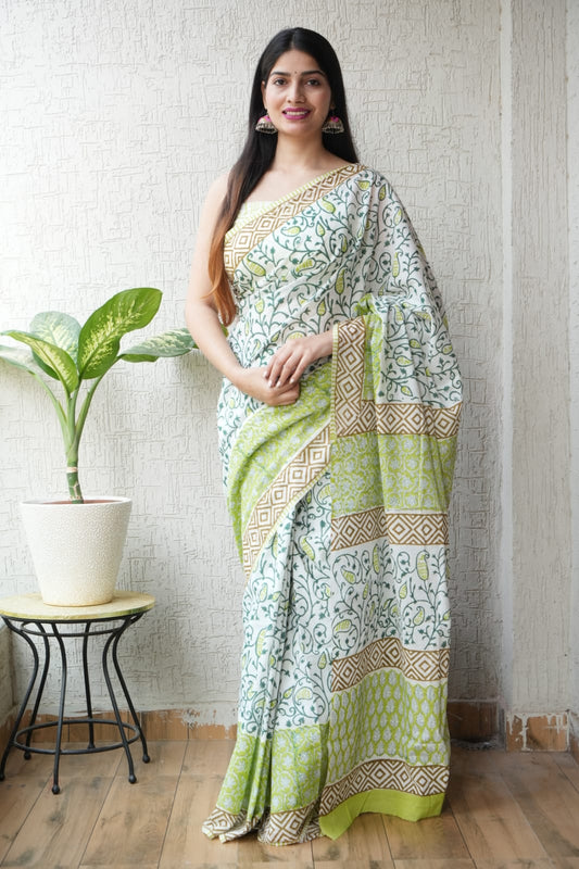Green Floral Printed Cotton Saree – Soft Cotton Saree for Women (BFCS34)