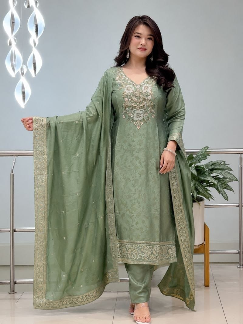 Sage Green Malai Glass Tissue Suit Set for Women
