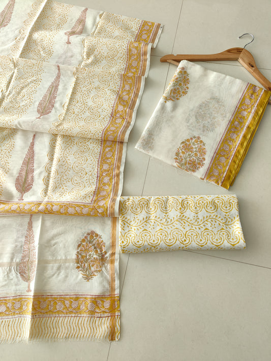 EXCLUSIVE HAND BLOCK CHANDERI SILK SUIT SET WITH CHANDERI DUPATTA