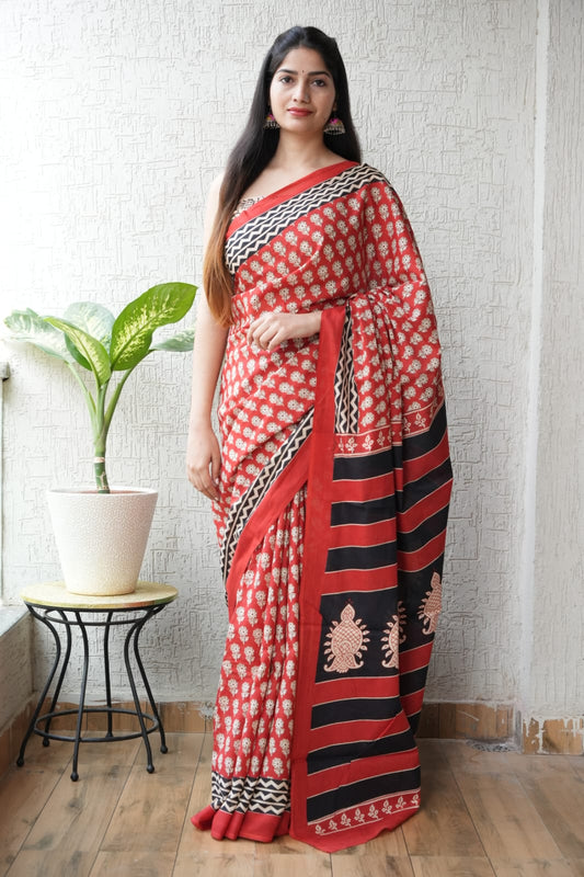 Red Black Designer Cotton Saree – Soft Cotton Saree for Women (BFCS40)