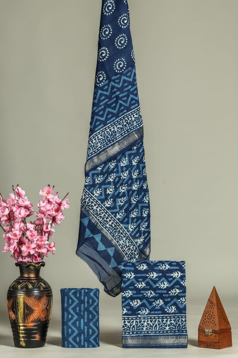 Premium Hand Block Printed Maheshwari Silk Suit(BFMAH46)