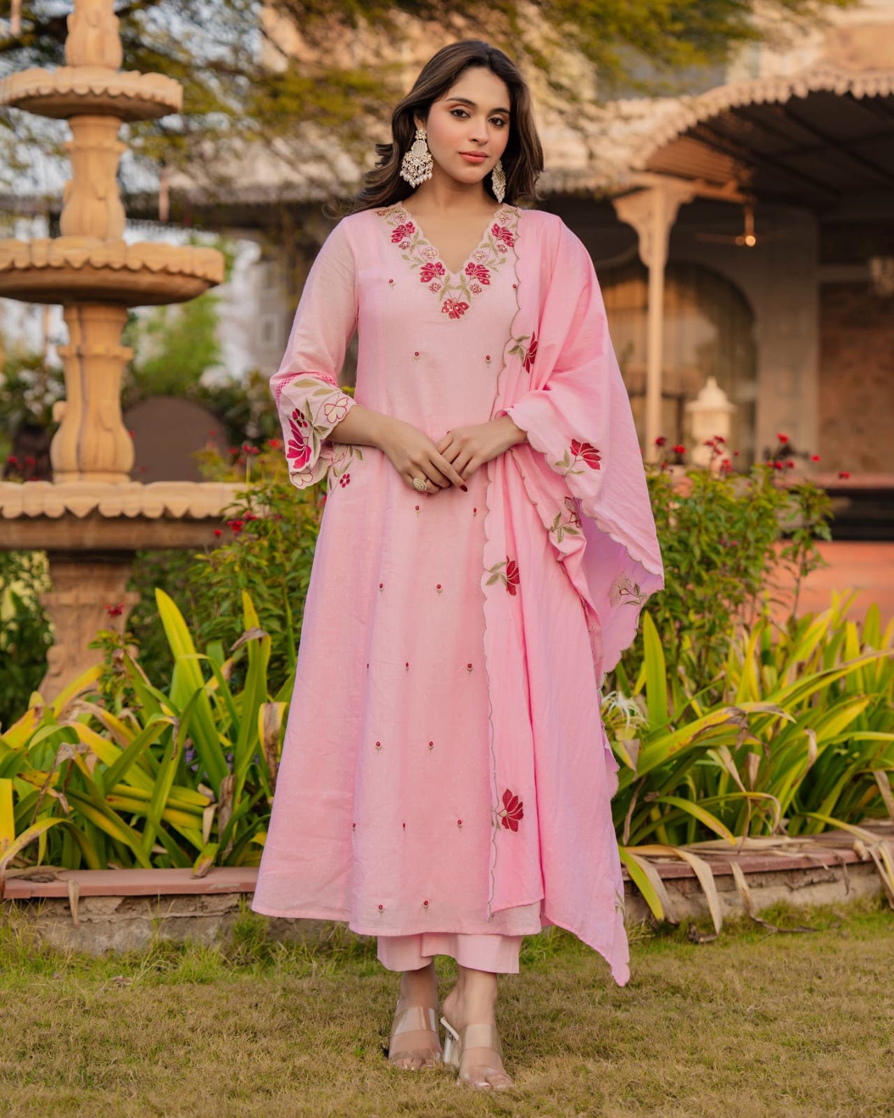 Baby Pink Cotton Anarkali Kurta Pant with Embroidered Dupatta | Designer Suit Set