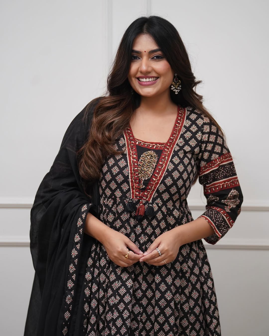 Black Cotton Anarkali Kurta Set | Block Print Flared Suit with Dupatta