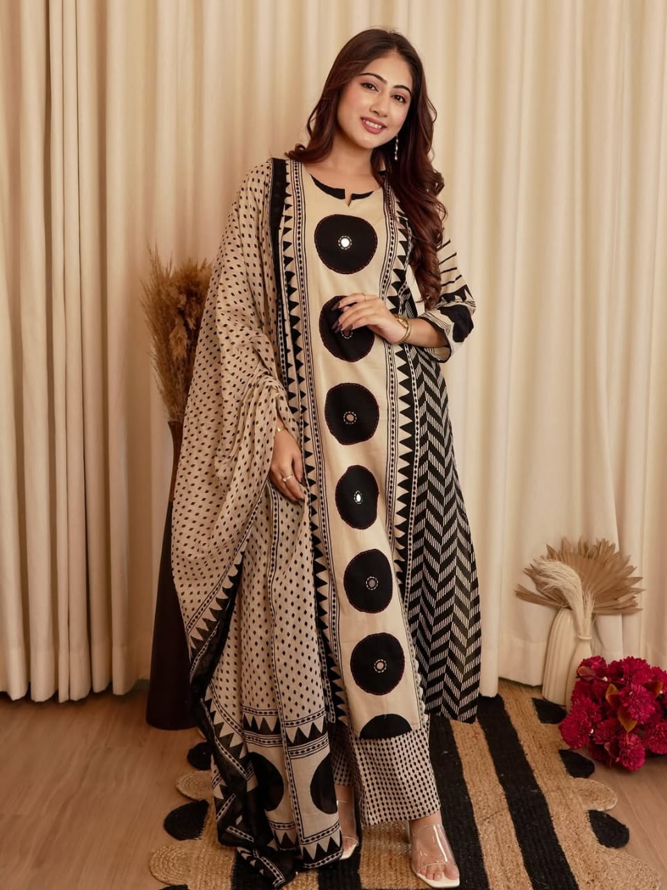Black Beige Ajrakh Cotton Kurti Pant Dupatta Set for Women
