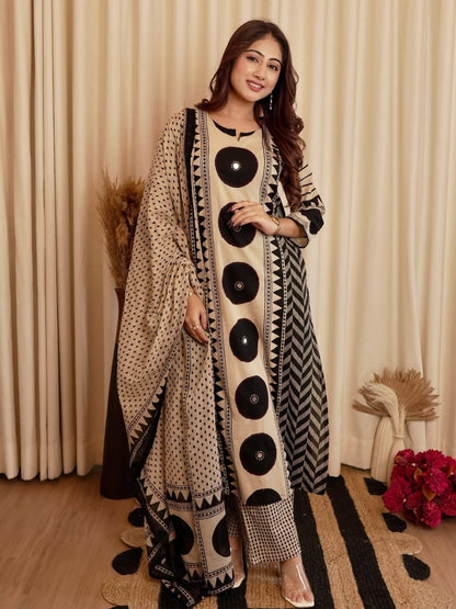 Black Beige Ajrakh Cotton Kurti Pant Dupatta Set for Women