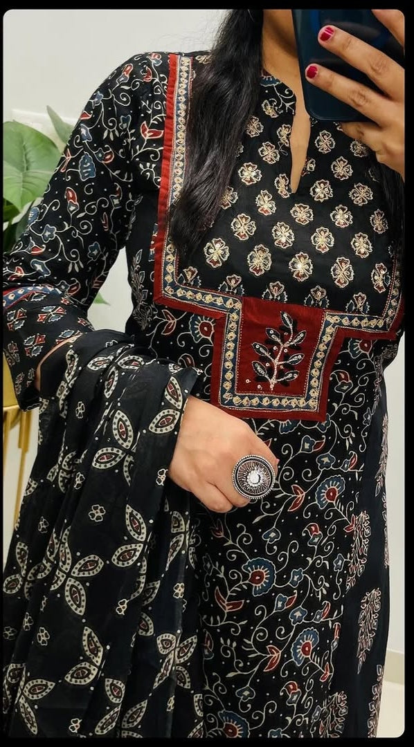 Black Ajrakh Cotton Suit Set | A-Line Princess Cut Kurta with Pant & Dupatta