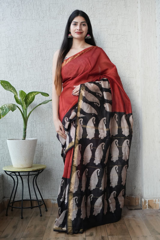 New Designer Hand Block Print Maheshwari Silk Saree (BFMSARE72)