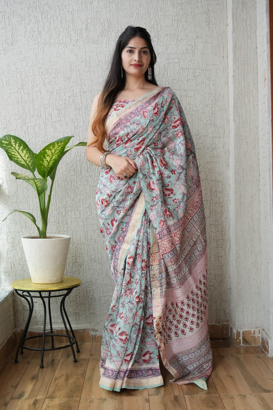 New Designer Hand Block Print Maheshwari Silk Saree (BFMSARE41)