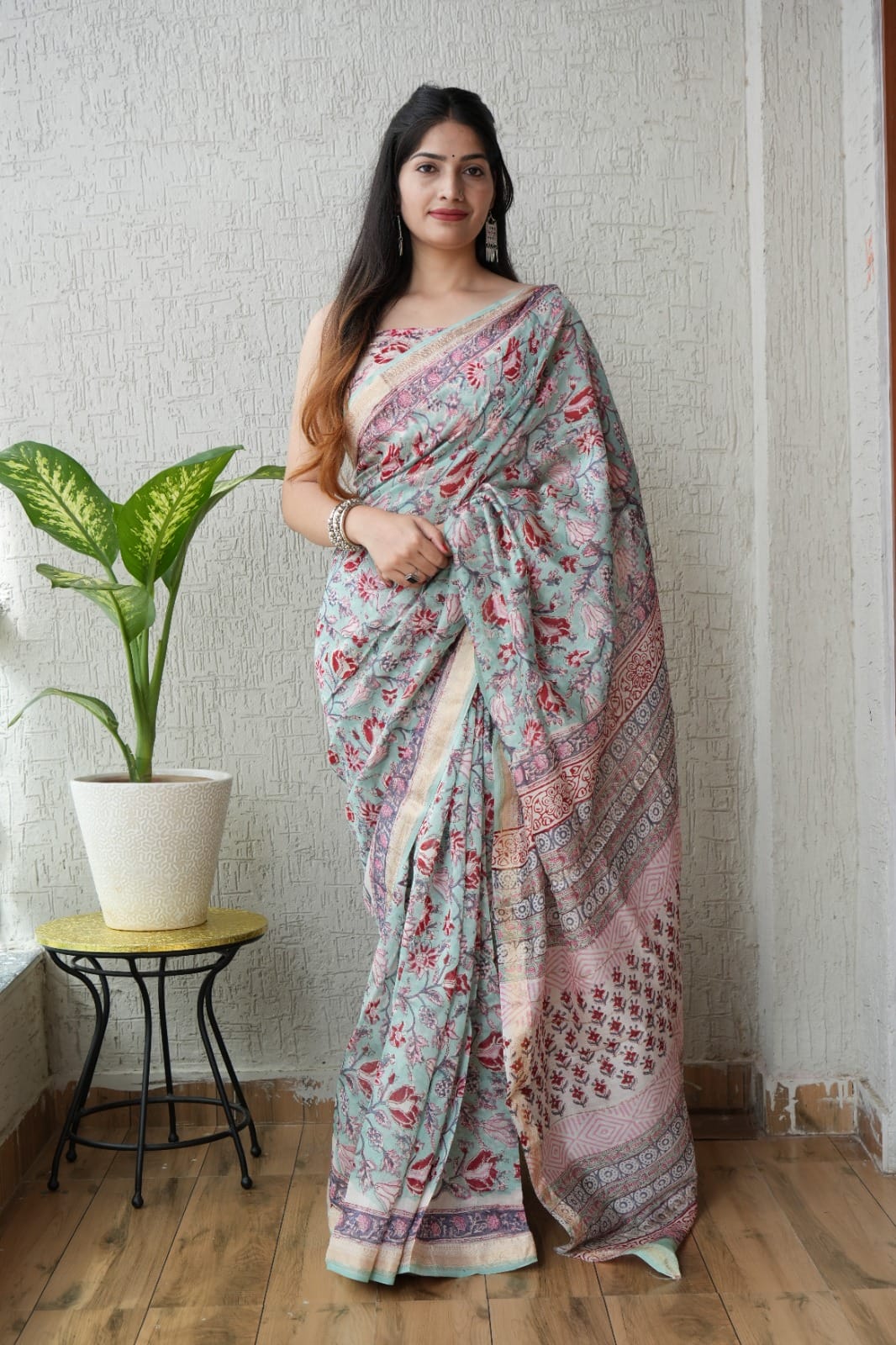 New Designer Hand Block Print Maheshwari Silk Saree (BFMSARE41)