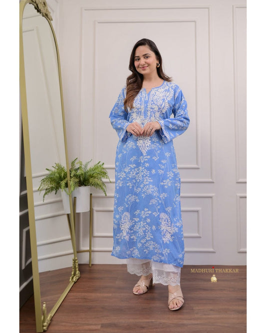 Blue Chikankari Kurti Pant Set | Mulmul Cotton Elegant Ethnic Wear for Women