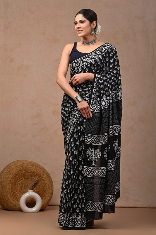 Black Printed Cotton Saree – Soft Cotton Saree for Women (BFCS31)