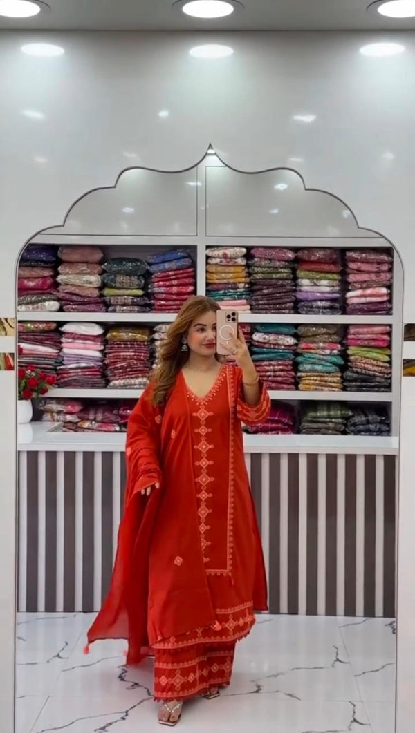Rust Orange Chikankari Embroidered Cotton Suit Set for Women