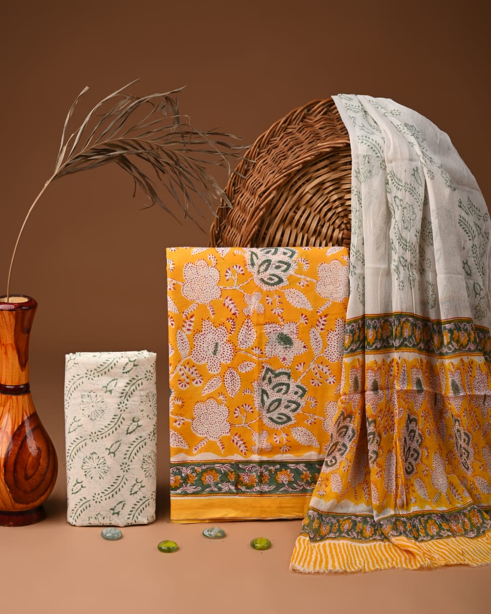 Premium  Hand Block Cotton Suit With Chiffon Dupatta