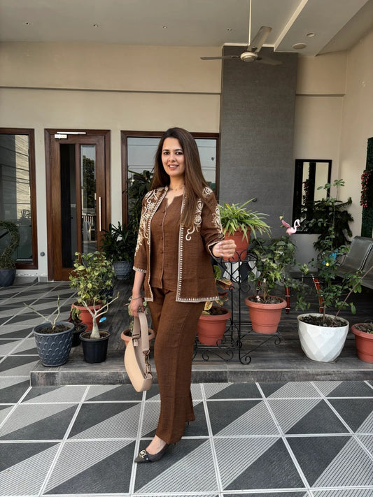 Brown Cotton Flex 3-Piece Embroidered Jacket Set