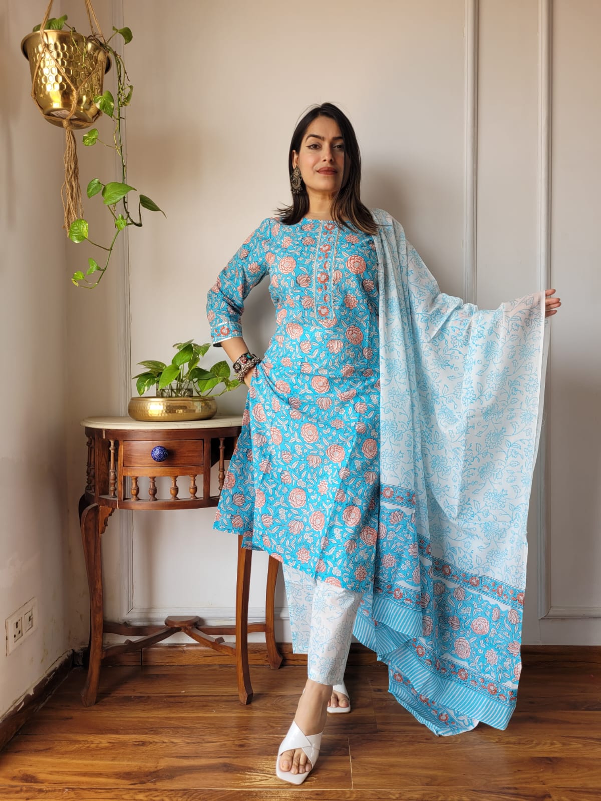 Turquoise Hand Block Printed Cotton Suit for Women