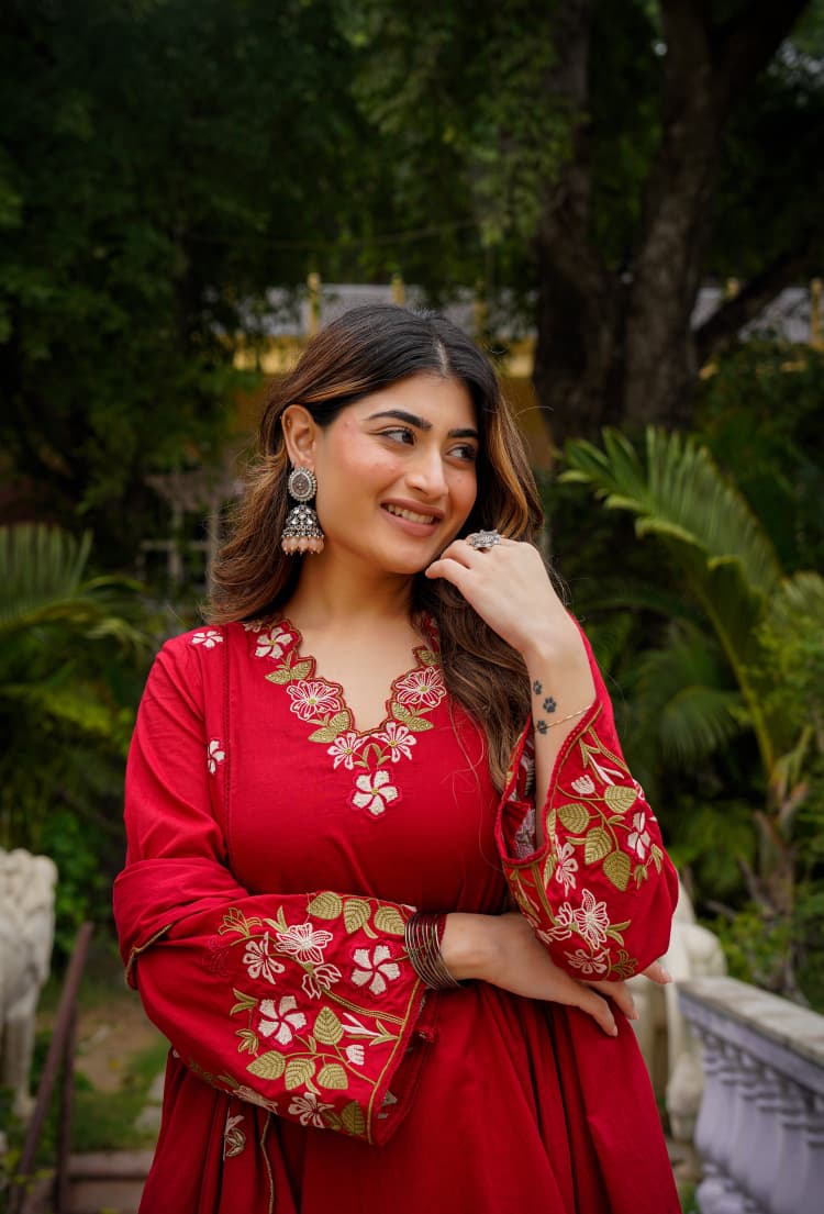 Red Anarkali Embroidered Kurta Pant Dupatta Set